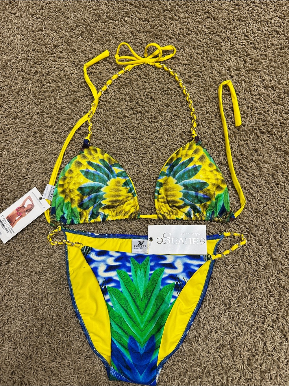 Yellow & Blue Tropical Print Triangle Bikini